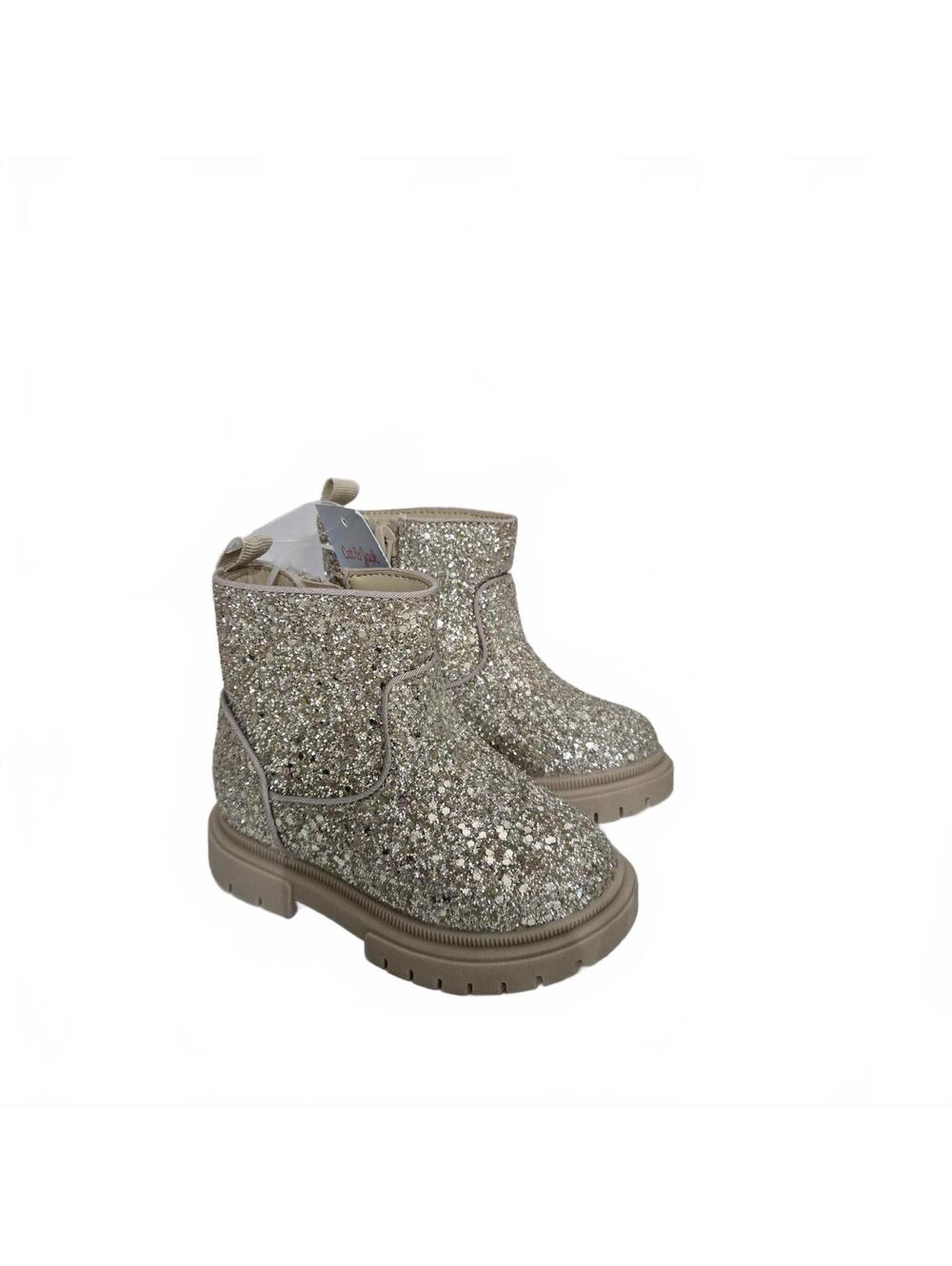 Cat & Jack Toddler Girls Size 6 Gold Glitter Lug Sole Ankle Boots Side Zip / New